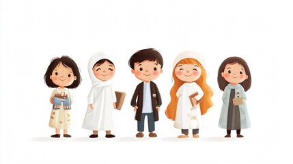 group of diverse children with different cultural backgrounds illustration on white background