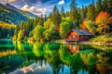 Fototapeta premium Tranquil Lake Cabin Panoramic: Serene Lakeside Retreat with Stunning Reflections