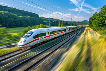 Fototapeta premium Modern big high-speed train in fast motion passes through railway stations, abstract vivid composition consists of fictional unreal fantastic vision on background