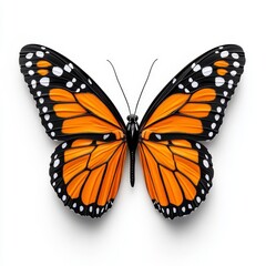 Fototapeta premium A photostock of a realistic butterfly with orange and black patterned wings, isolated on a clean white background, delicate and beautiful, High Quality