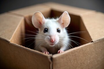 Fototapeta premium Trapped: A White Mouse in a Grey Box - Candid Stock Photo