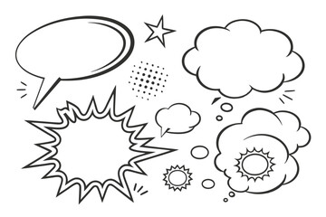 Speech bubbles, comic book style, empty dialog boxes, conversation template, communication icons, white background, black outlines, various shapes and sizes, minimalist design, clean lines, thought ba