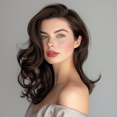 Naklejka premium Capturing the Poise and Confidence of a Woman with Thick, Wavy Hair and Minimalist Makeup on a Light Gray Background.