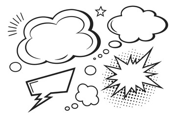 Speech bubbles, comic book style, empty dialog boxes, conversation template, communication icons, white background, black outlines, various shapes and sizes, minimalist design, clean lines, thought ba