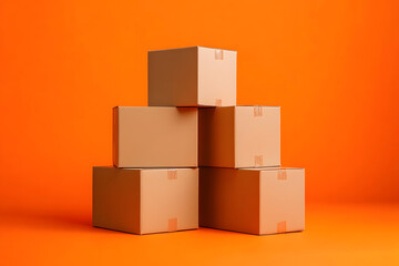 Obraz premium Stacked cardboard boxes on a vibrant orange background showcasing minimalistic design
