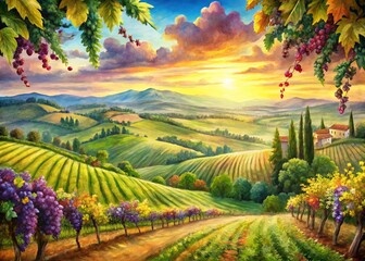 Naklejka premium Tuscan Valley Watercolor Landscape with Grapevine Border - Rustic Italian Scenery