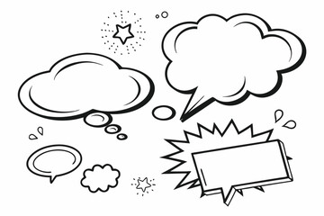 Speech bubbles, comic book style, empty dialog boxes, conversation template, communication icons, white background, black outlines, various shapes and sizes, minimalist design, clean lines, thought ba