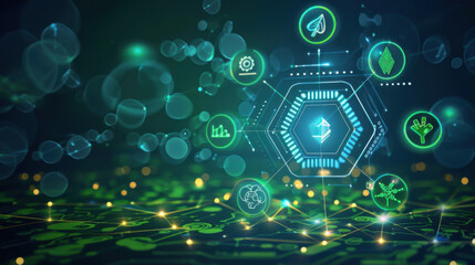 Obraz premium Modern Technology Concept with Green and Blue Background. Illustration of Eco-Friendly Digital Interface.