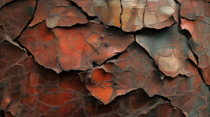  Cracked and weathered rusty metal surface with vibrant red and orange tones