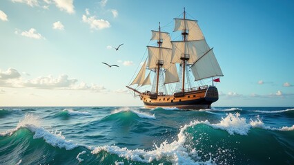 A majestic tall ship with three masts cuts through the ocean, its white sails billowing in the breeze. A vibrant red flag flutters high above, capturing the spirit of adventure on this vast blue expan