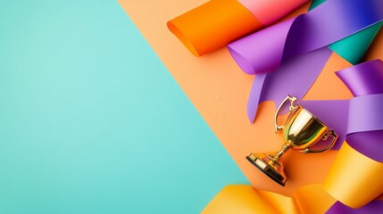 A golden trophy surrounded by colorful ribbons on a vibrant background.