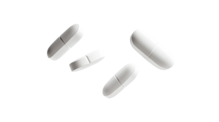 Three white pills floating in the isolated on a transparent background