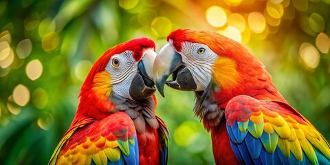 Two Parrots Whispering Secrets, Bokeh Background, Colorful Birds, Tropical Birds,  Close-up