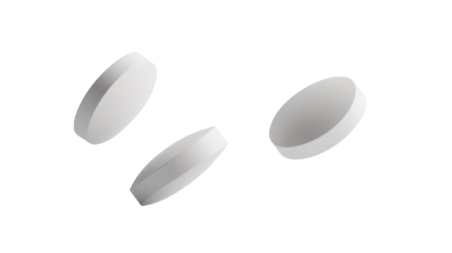 Three white pills floating in the isolated on a transparent background