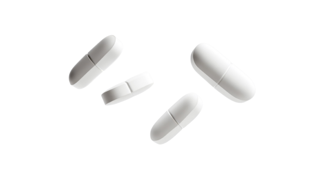Three white pills floating in the isolated on a transparent background