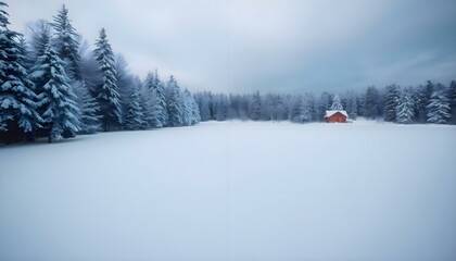 a snow covered field with a red house in the distance
