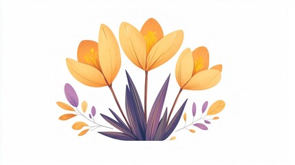 Yellow Crocuses and Purple Leaves: A Vibrant Spring Floral Illustration