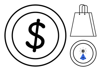 Dollar sign inside a coin, shopping bag with handles, eye with triangle. Ideal for finance, retail, e-commerce, marketing, online shopping consumer behavior value representation. Line metaphor