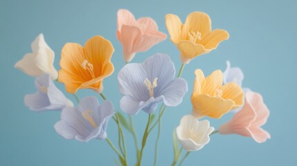 Fototapeta premium Tender Freesia flowers, pastel floral wallpaper, cotton fabric texture, delicate aesthetic effect