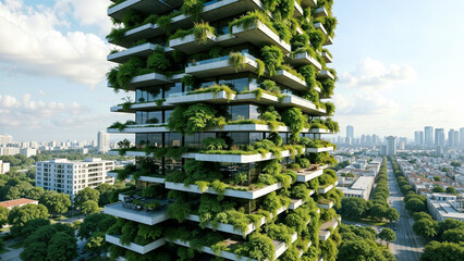Modern eco-friendly high-rise building adorned with greenery amidst a city skyline