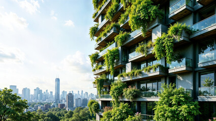Fototapeta premium Modern eco-friendly high-rise building adorned with greenery amidst a city skyline
