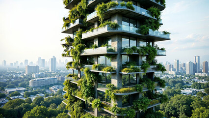 Modern eco-friendly high-rise building adorned with greenery amidst a city skyline