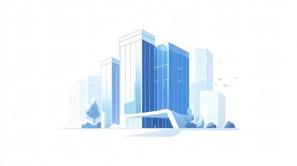 Modern Architectural Drawing of City Buildings with Clean Lines and Blue Palette on White Background