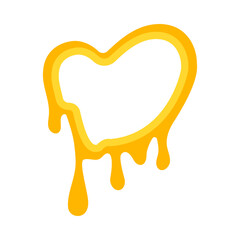 melting heart icon in yellow, dripping honey frame, liquid honey, melting honey, honey syrup with heart, drops and splashes