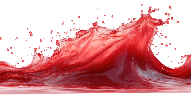Vibrant and energetic splash of a red liquid similar to red berry jam, syrup, juice or punch isolated on a transparent background