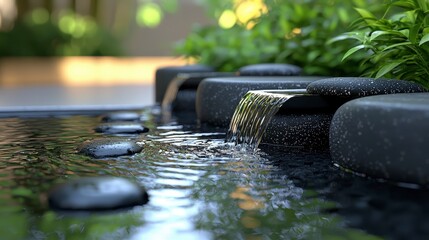 Tranquil cascading water feature with smooth dark stones in a serene garden setting.