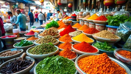 many bowls of different types of spices on display