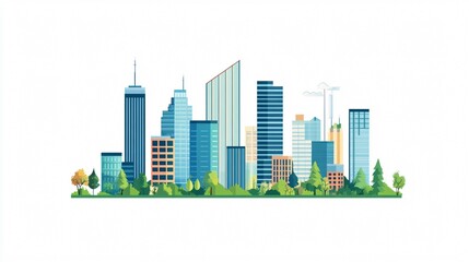Obraz premium Modern City Skyline with Green Urban Landscape: A Vibrant Cityscape Illustration