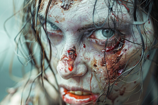 Scary sinister zombie wandering in street with dramatic lighting on Halloween, abstract vivid composition consists of fictional unreal fantastic vision on background
