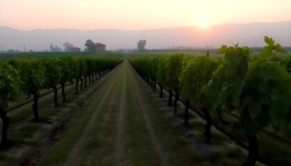 Naklejka premium the sun is setting over a field of vines