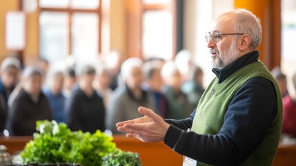A speaker presents to an audience, discussing topics related to plants and sustainability.
