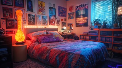 A nostalgic bedroom from the 1980s with bold patterned bedding, posters, and a glowing lava lamp
