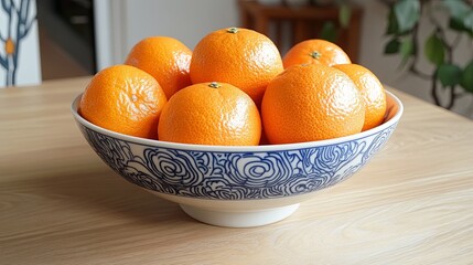 A bowl of mandarin oranges placed on a light wooden table for Chinese New Year.