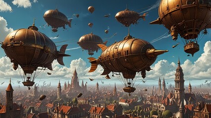 Obraz premium A steampunk city with airships and flying machines soaring through the sky.