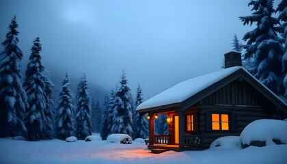 a cabin in a snowy forest at night
