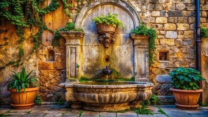 Obraz premium Venetian Charm: Rustic Stone Fountain & Weathered Wall - Stock Photo