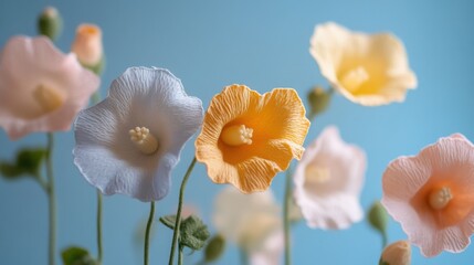 Obraz premium Tender Hollyhock flowers, pastel floral wallpaper, cotton fabric texture, delicate aesthetic effect