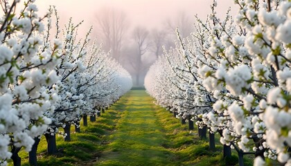 a row of trees with white flowers on them
