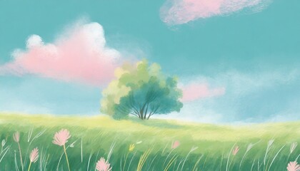 Fototapeta premium 穏やかな春の風景画、メッセージカード（青空、自然、木）