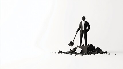 Businessman with shovel standing on pile of broken black cubes. Monochrome minimalist style. 3D render illustration.