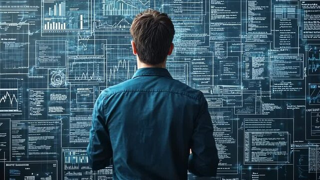 Man Analyzing Data on a Wall of Screens, data analysis, data visualization, big data, charts, graphs