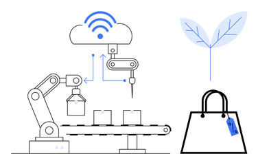 Robotic arm on an assembly line with cloud connectivity producing items. Shopping bag with a price tag and a leaf representing sustainability. Ideal for technology, automation, industry 4.0