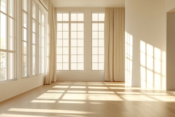 Obraz premium Bright minimalist room featuring large windows, wooden floors, and soft natural light creating a serene atmosphere.