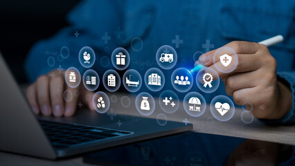 Employee benefits and health insurance concept, access to welfare health, engagement, paid vacation, bonus, salary increase, maternity leave. Businessman show icons on the virtual screen.