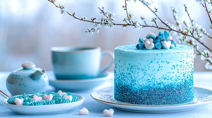 Elegant Pastel Cake with Decorative Toppings Surrounded by Floral Elements and Matching Tea Set in a Bright Creative Workspace