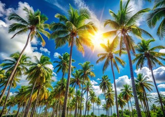 Fototapeta premium Vibrant Blue Sky, Lush Palm Trees: Candid Summer Vacation Scene